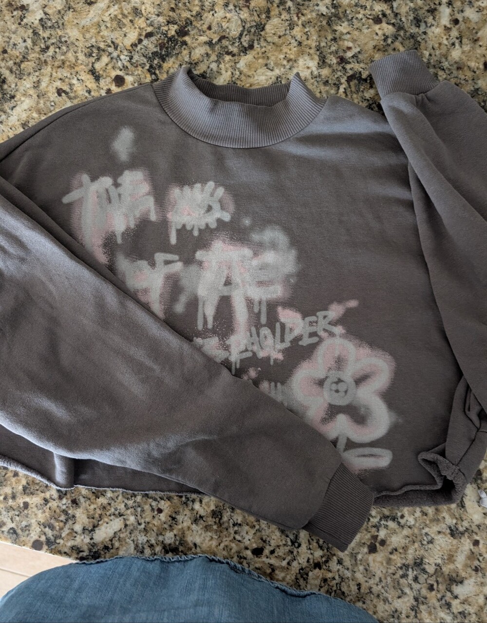 Women's  Cropped Grey Pink And White Graffiti  Shirt With Long Grey Full Sleeves